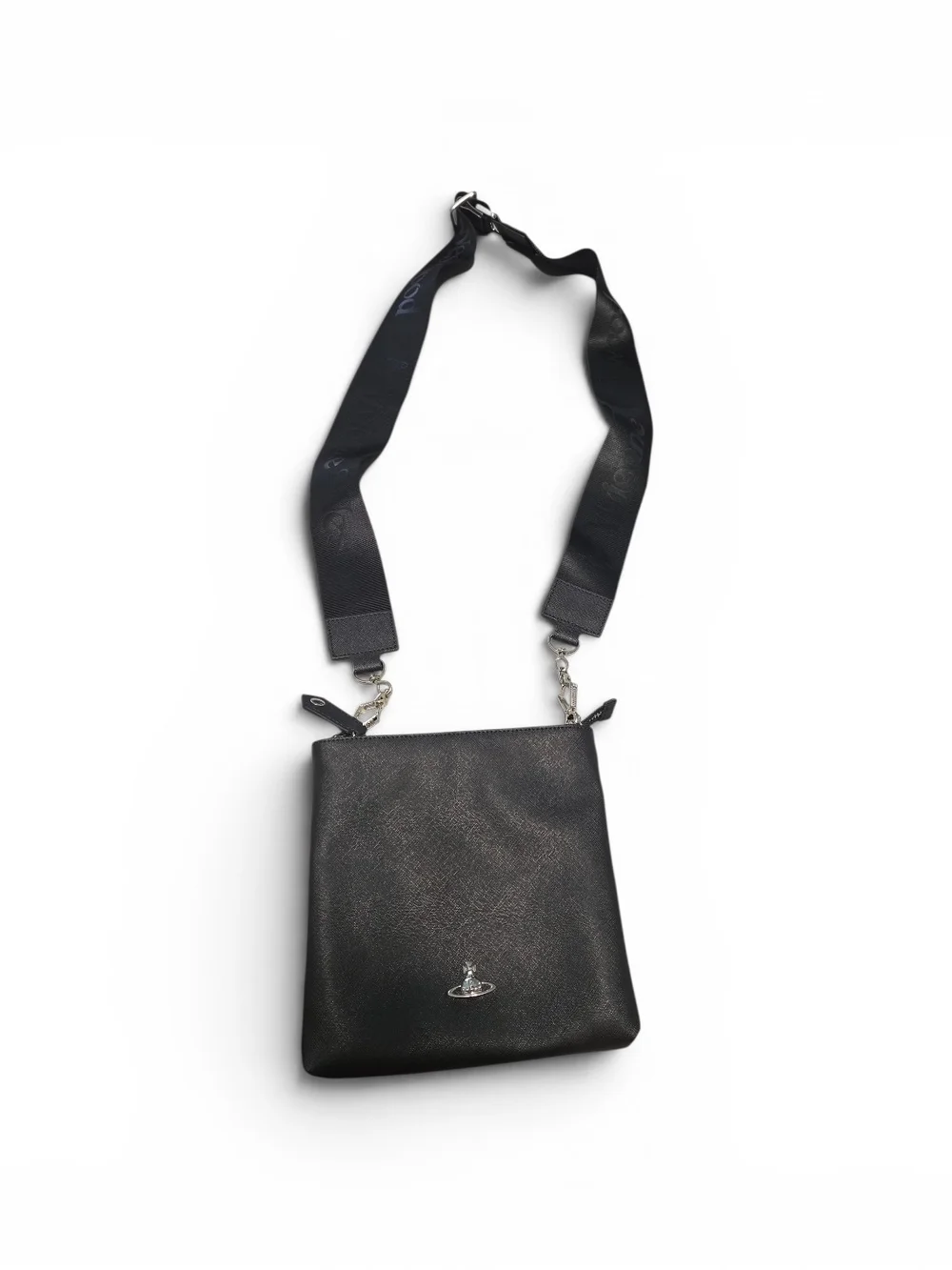 Vivienne Westwood Black Leather Messenger Bag with Wide Strap